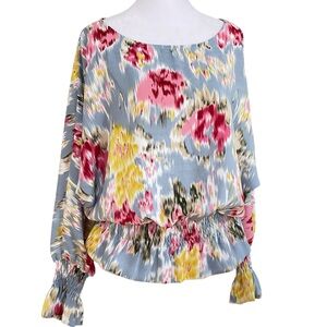 Week& Gray Pink Multicolor Abstract Print Blouson Top Sz M Boat Neck Long Sleeve